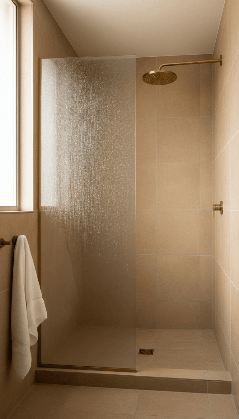 Frosted shower panel in a compact wet room with brass fixtures and beige tiles