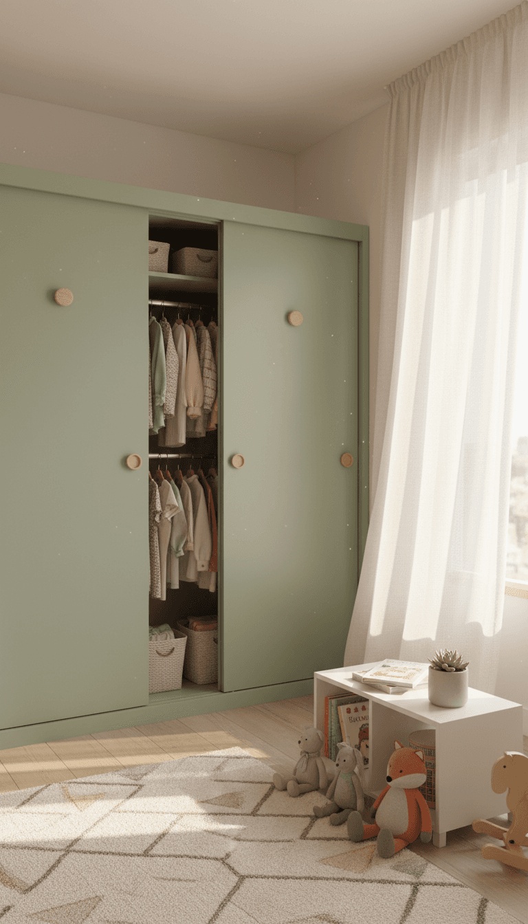 Sage green sliding wardrobe doors in a child's bedroom