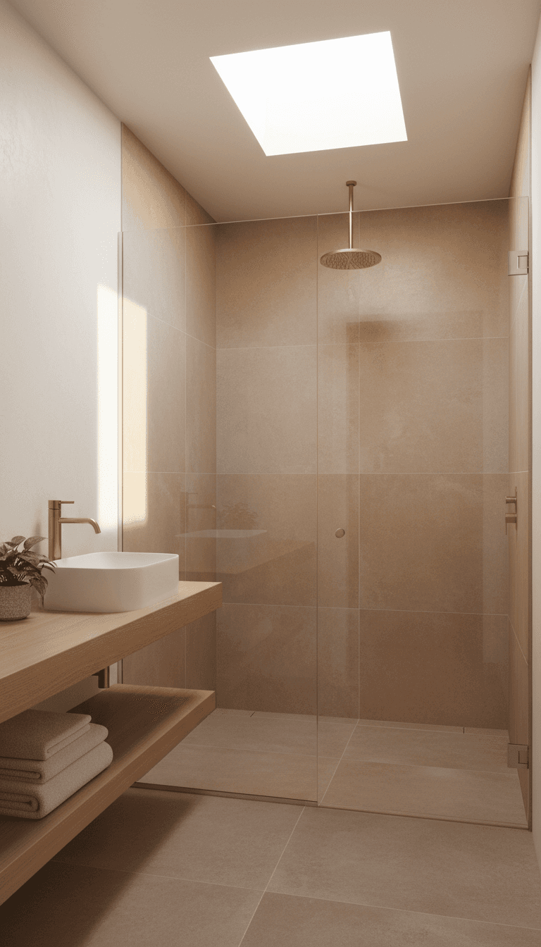 Frameless fixed panel and door shower in a compact bathroom