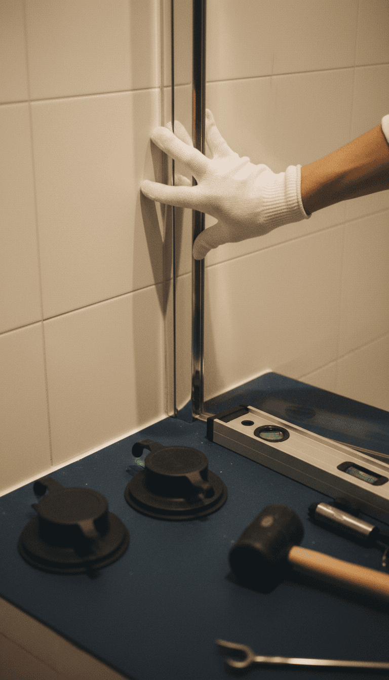 A glazier's hand in a white glove aligning a semi-frameless glass panel into a chrome installation channel with tools nearby