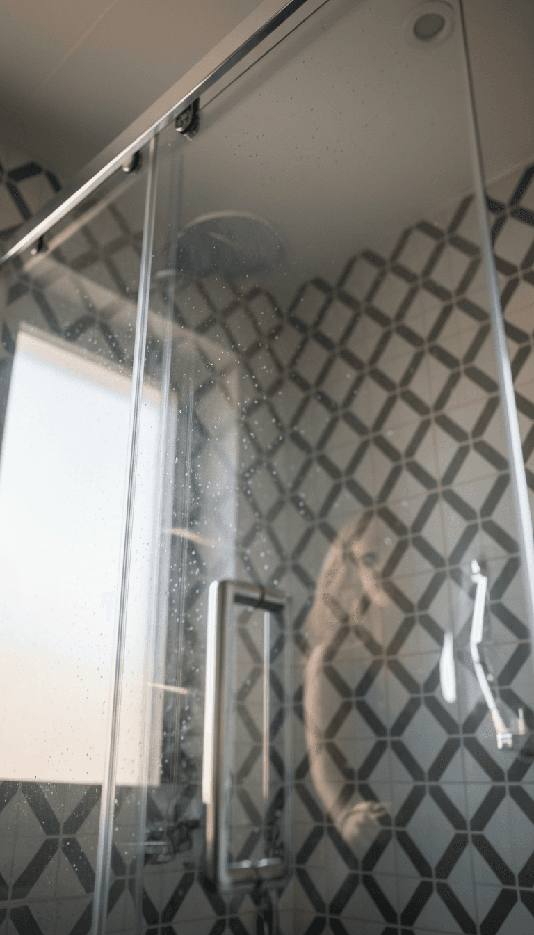 Interior view of a semi-frameless shower screen showing the slim top frame and chrome hinge against clear glass