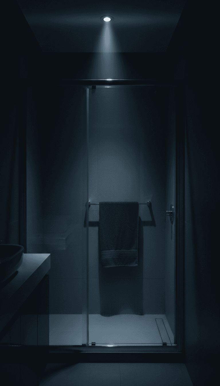 Framed shower screen in a small bathroom, aluminium frame visible along top and bottom edge