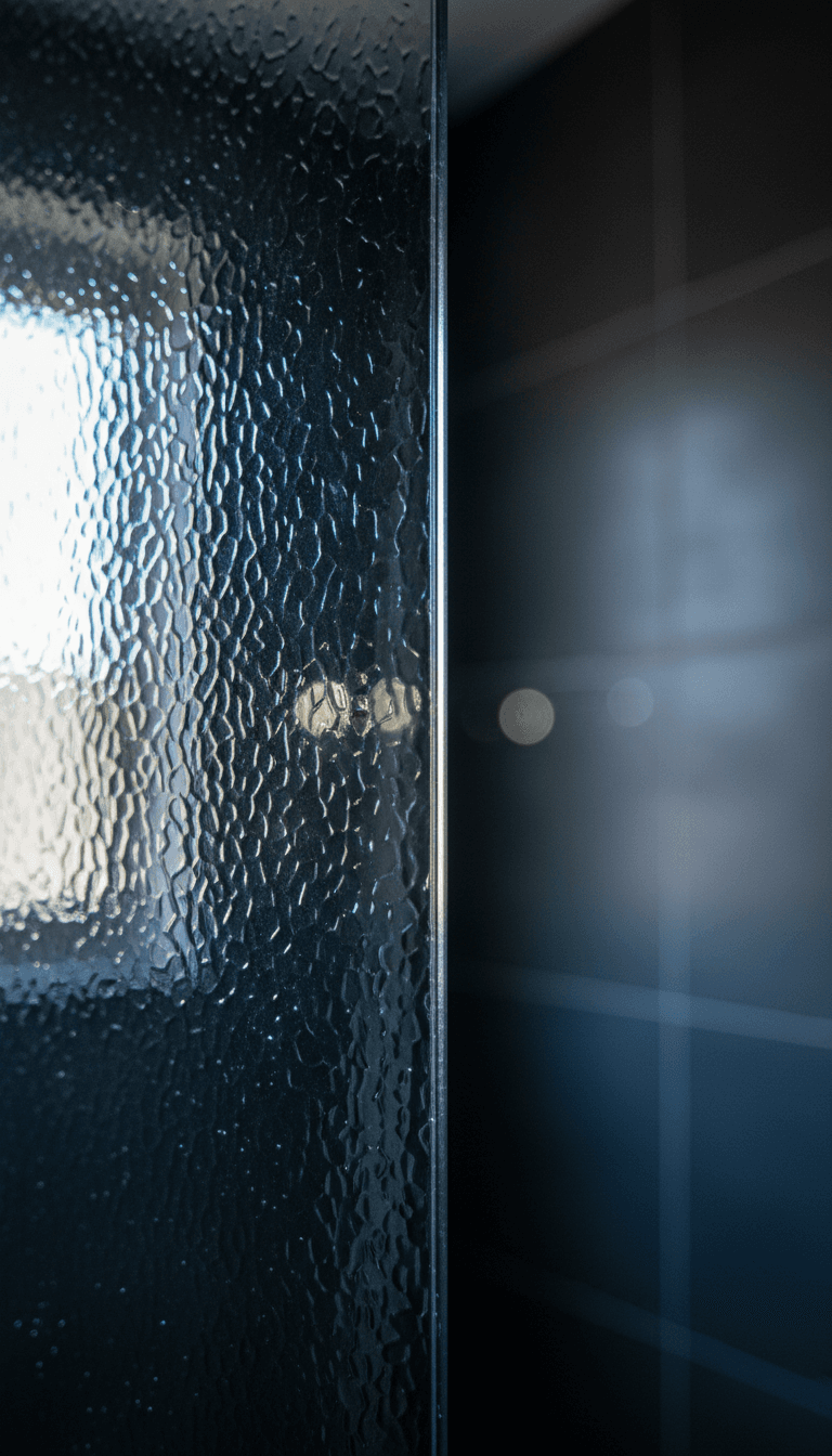 Close-up of textured glass on a framed shower screen showing pebbled pattern