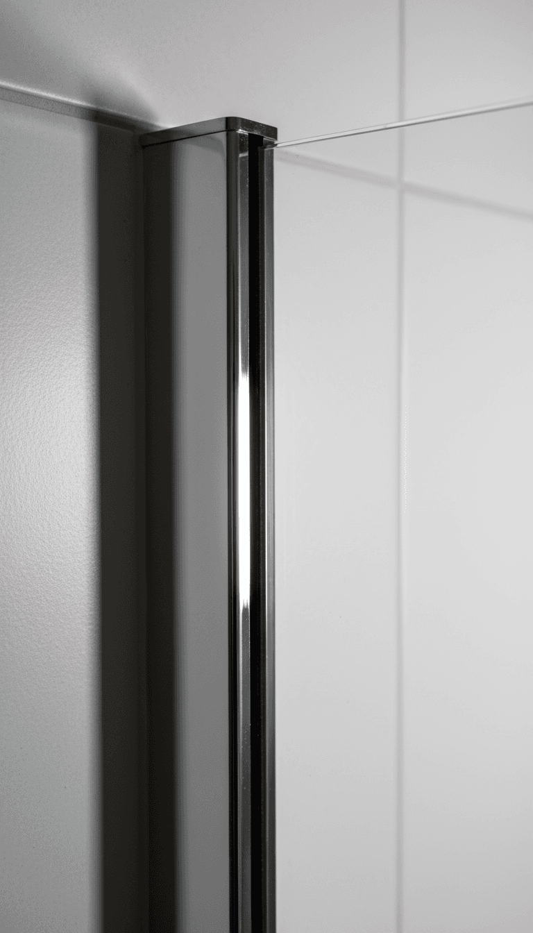 Close-up of a semi-frameless shower screen edge showing the slim chrome frame profile and glass thickness