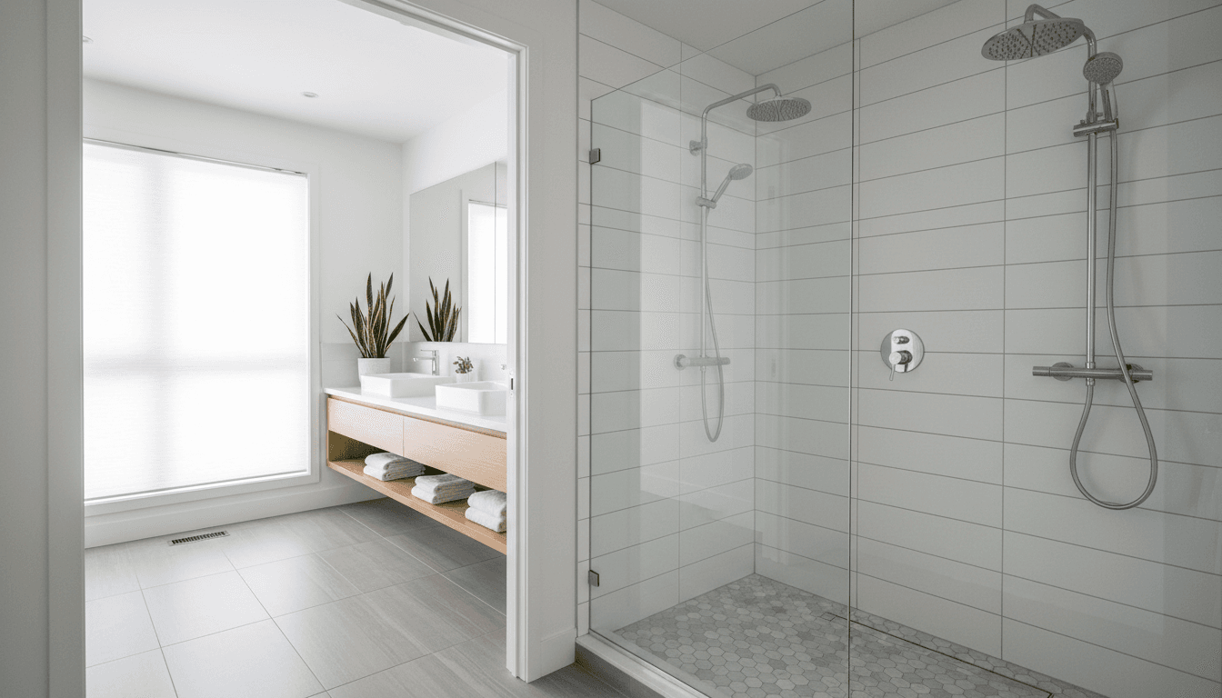 Completed custom shower screen and robe installation in modern bathroom