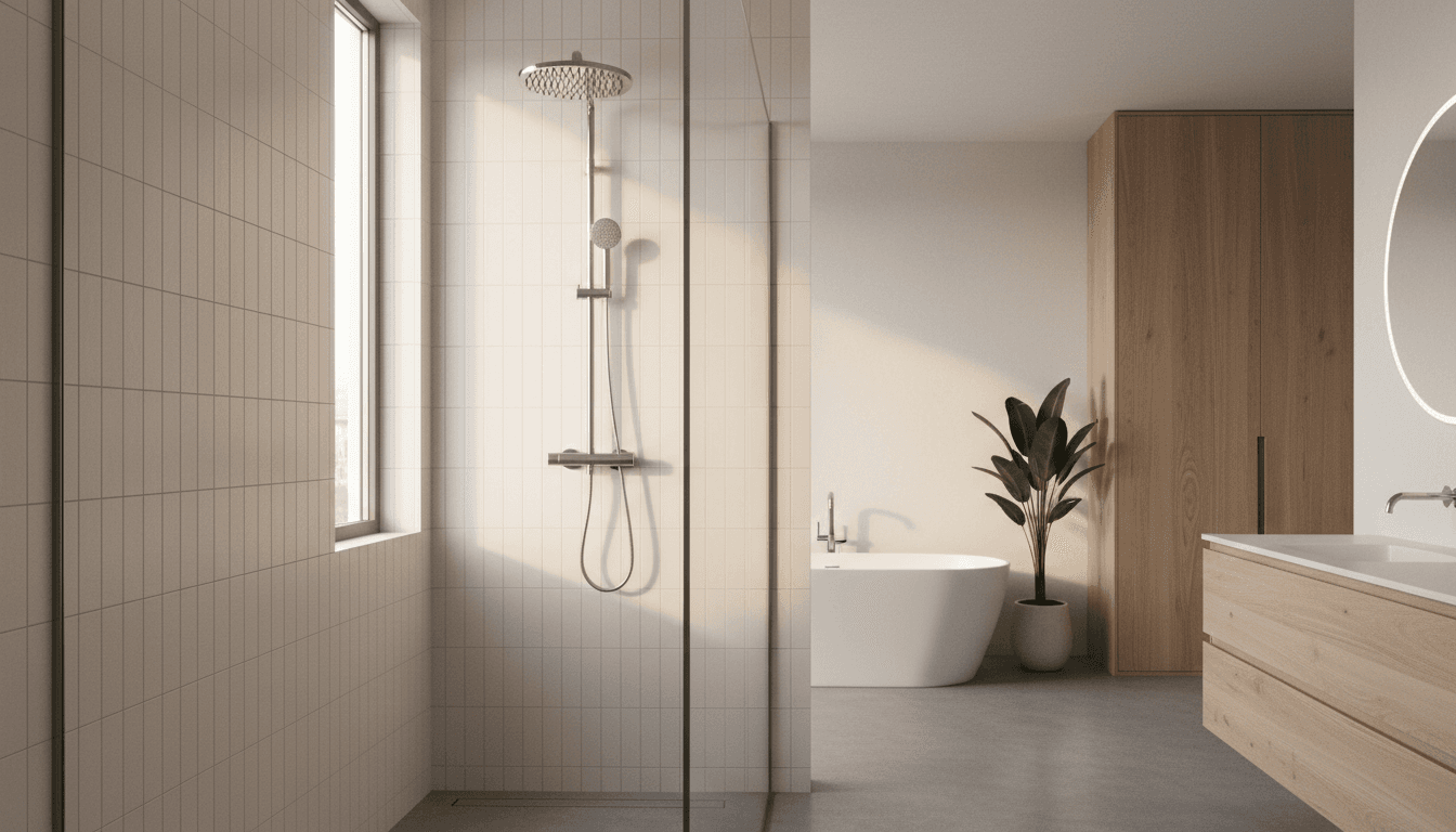 Modern bathroom with custom frameless shower screen and contemporary fixtures