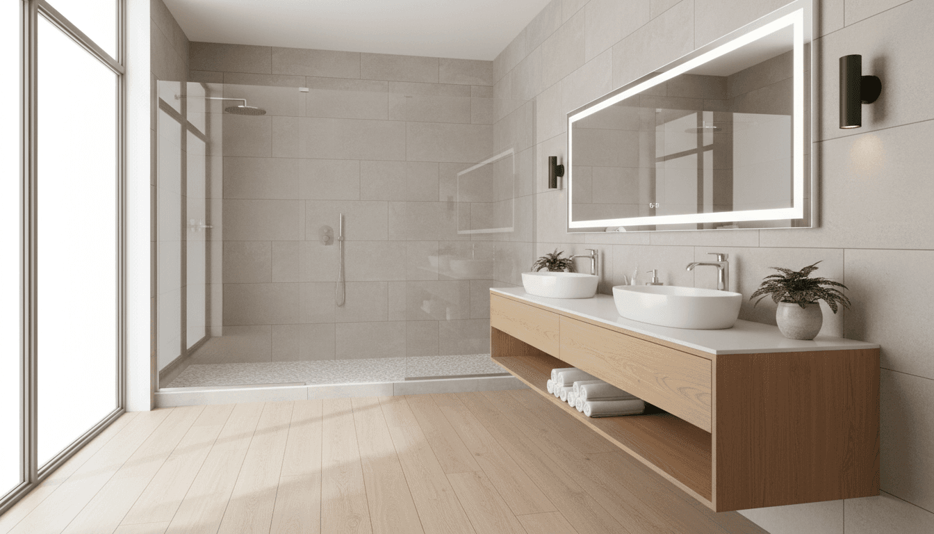 Complete corner shower installation in renovated bathroom with timber vanity