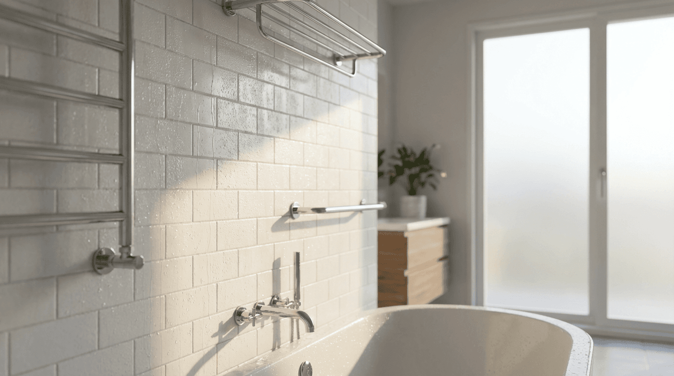 AMAC Showerscreens & Robes team member showcasing a custom frameless shower screen installation in a modern Perth bathroom