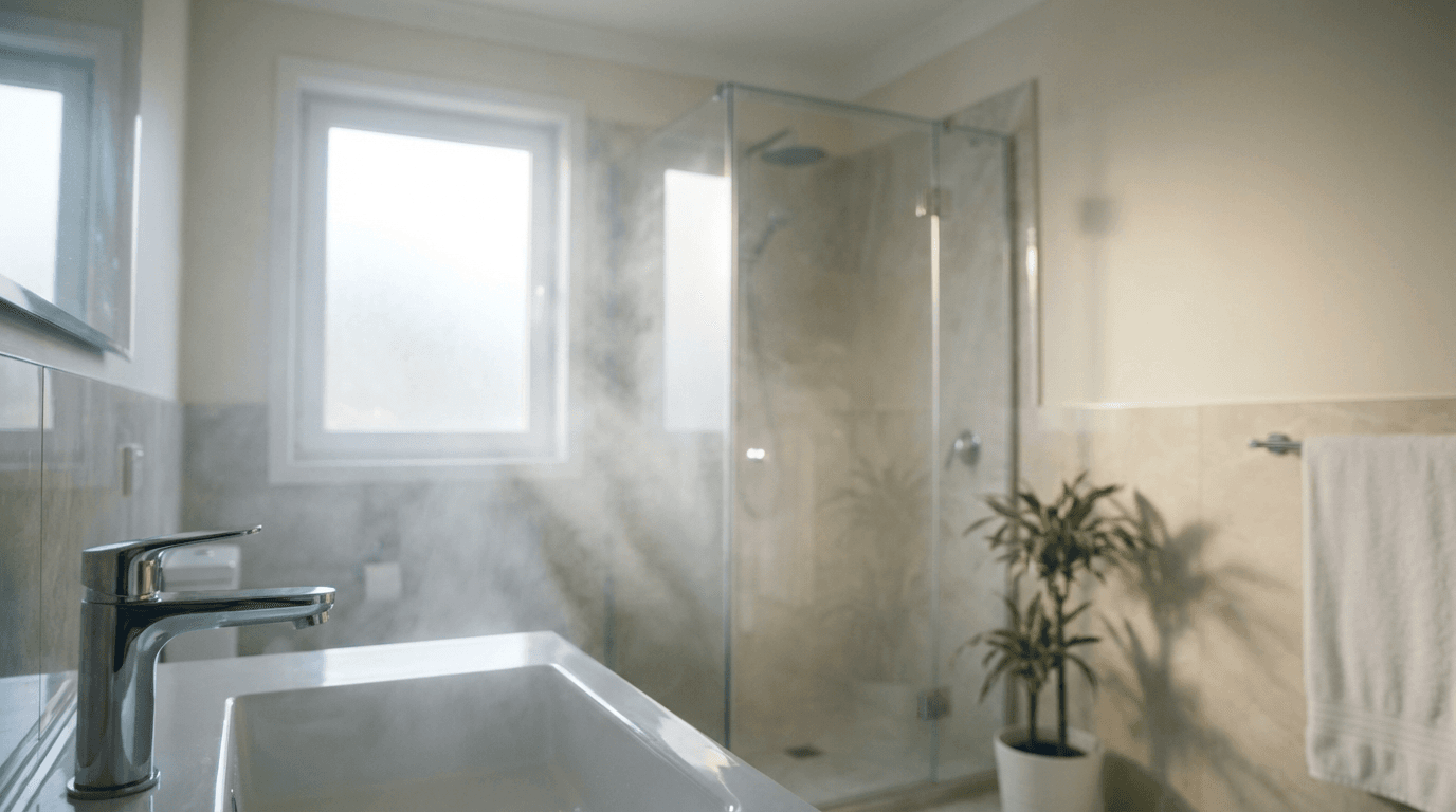 Frameless shower screen with polished chrome hinges and clear glass