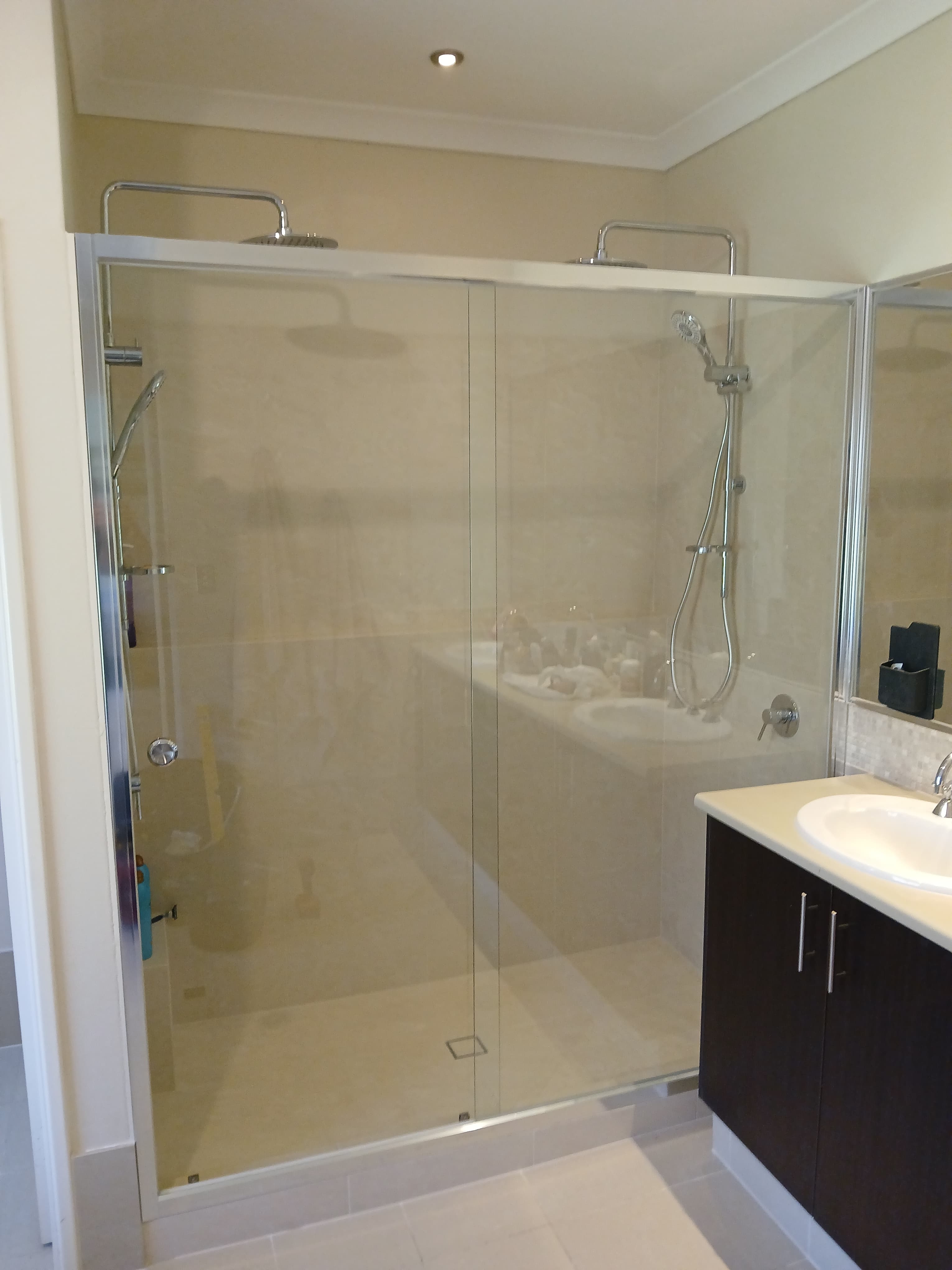 Modern bathroom featuring a glass-enclosed shower with dual showerheads and a dark wood vanity.