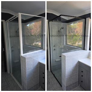Before and after comparison of a shower updated from white frames to black frames.