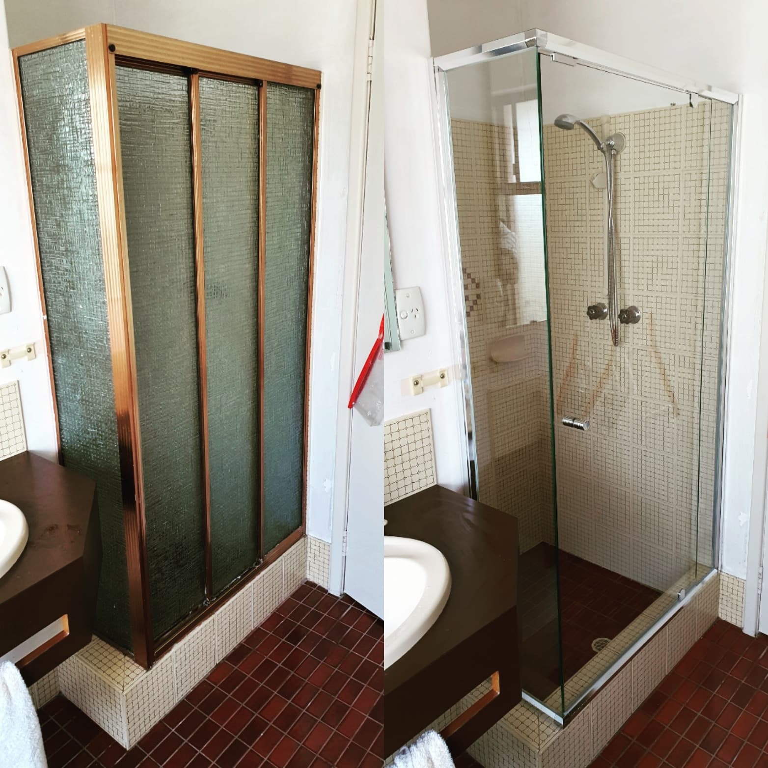 Before and after comparison of a shower renovation from gold frames to modern clear glass.