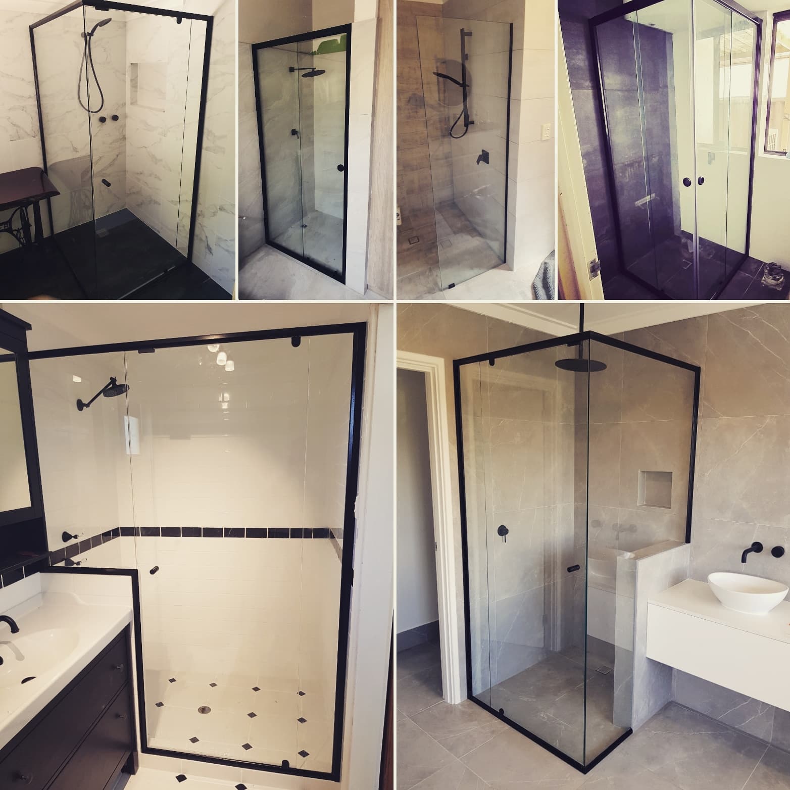 Six modern bathrooms featuring glass shower enclosures with sleek black frames and minimalist hardware.