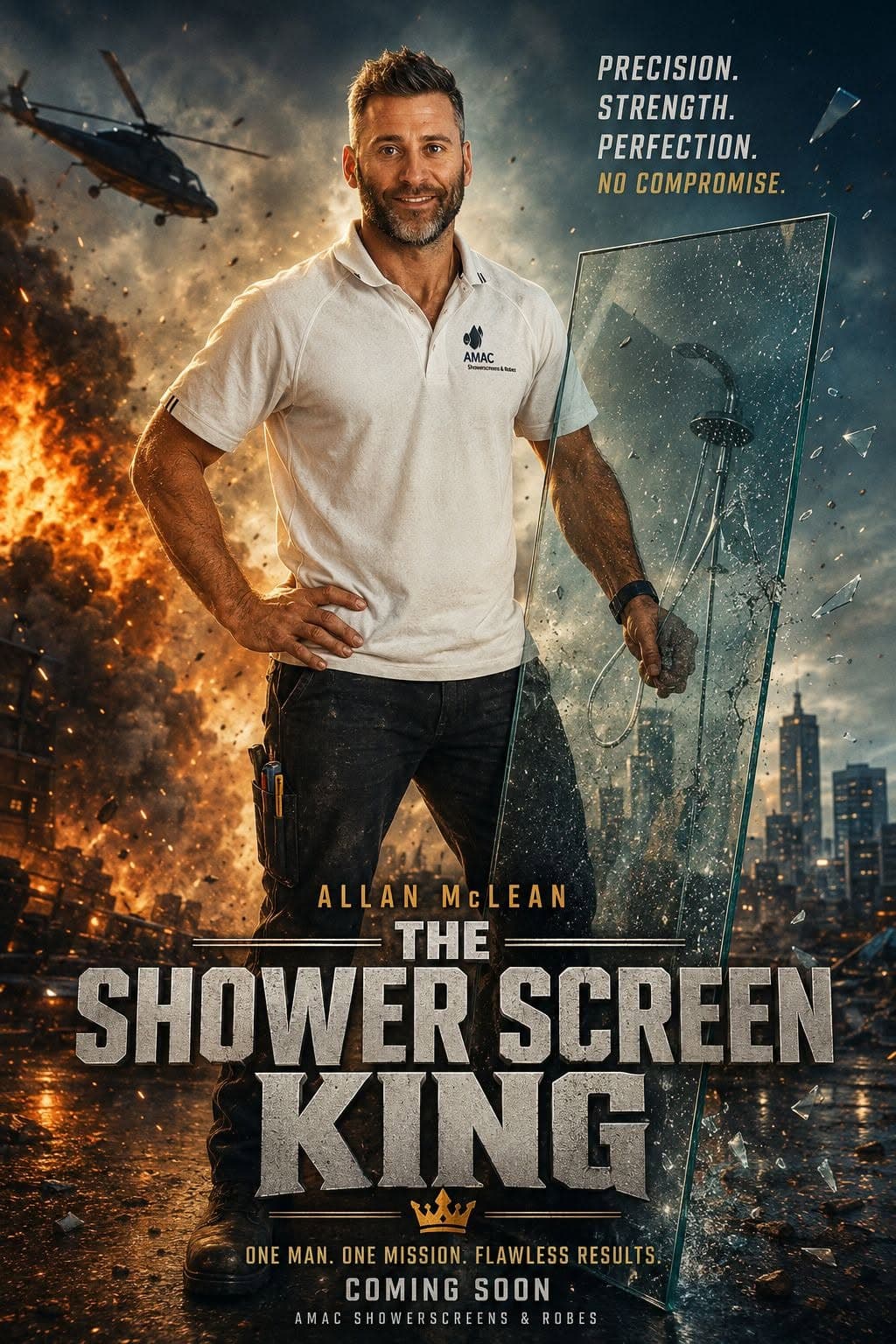 Action movie poster parody featuring a man holding a glass shower screen amidst fiery explosions.