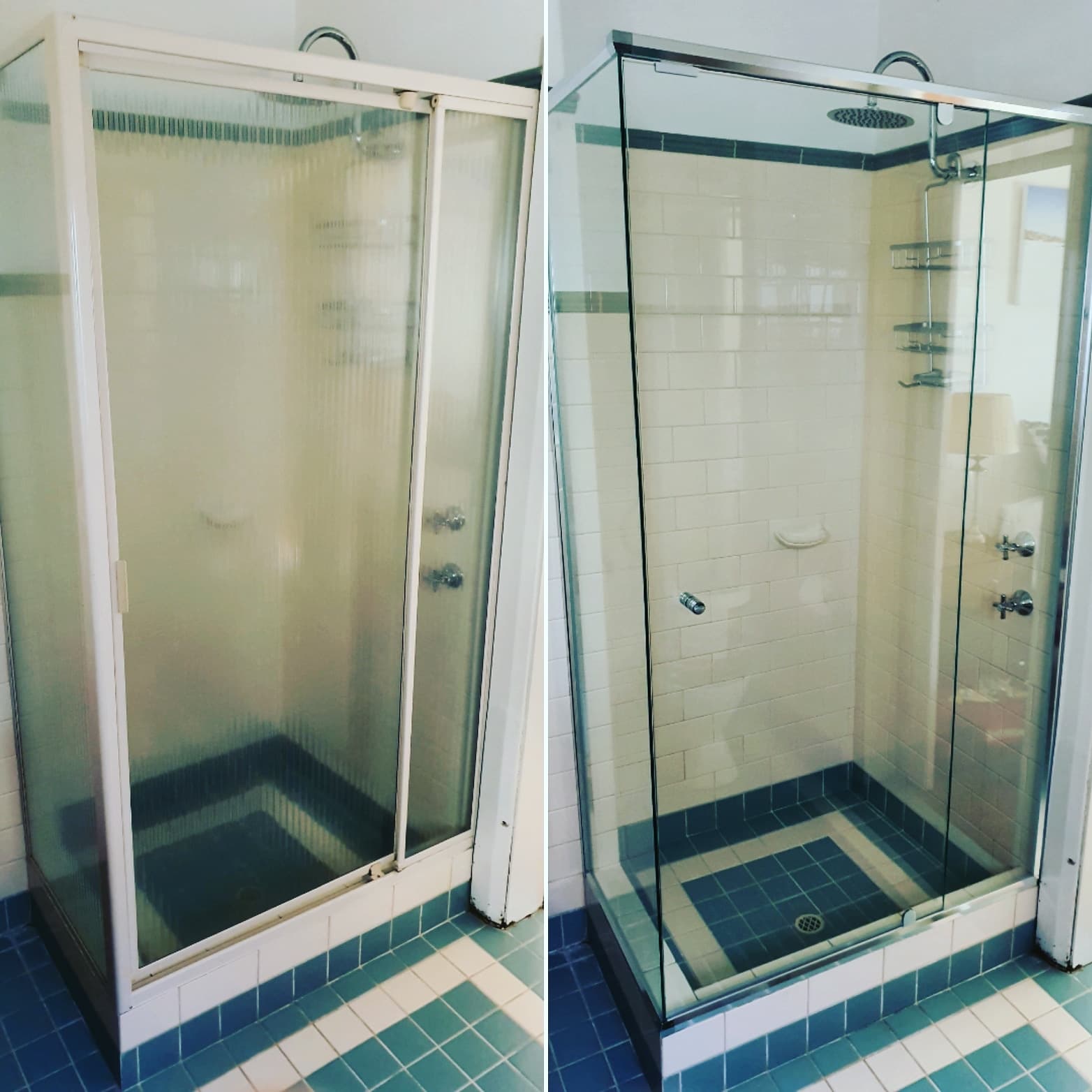 Side-by-side comparison showing a bathroom shower renovation from frosted glass to clear glass doors.