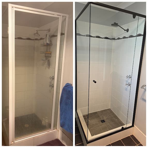 Before and after comparison of a shower renovation featuring a modern black-framed glass enclosure.