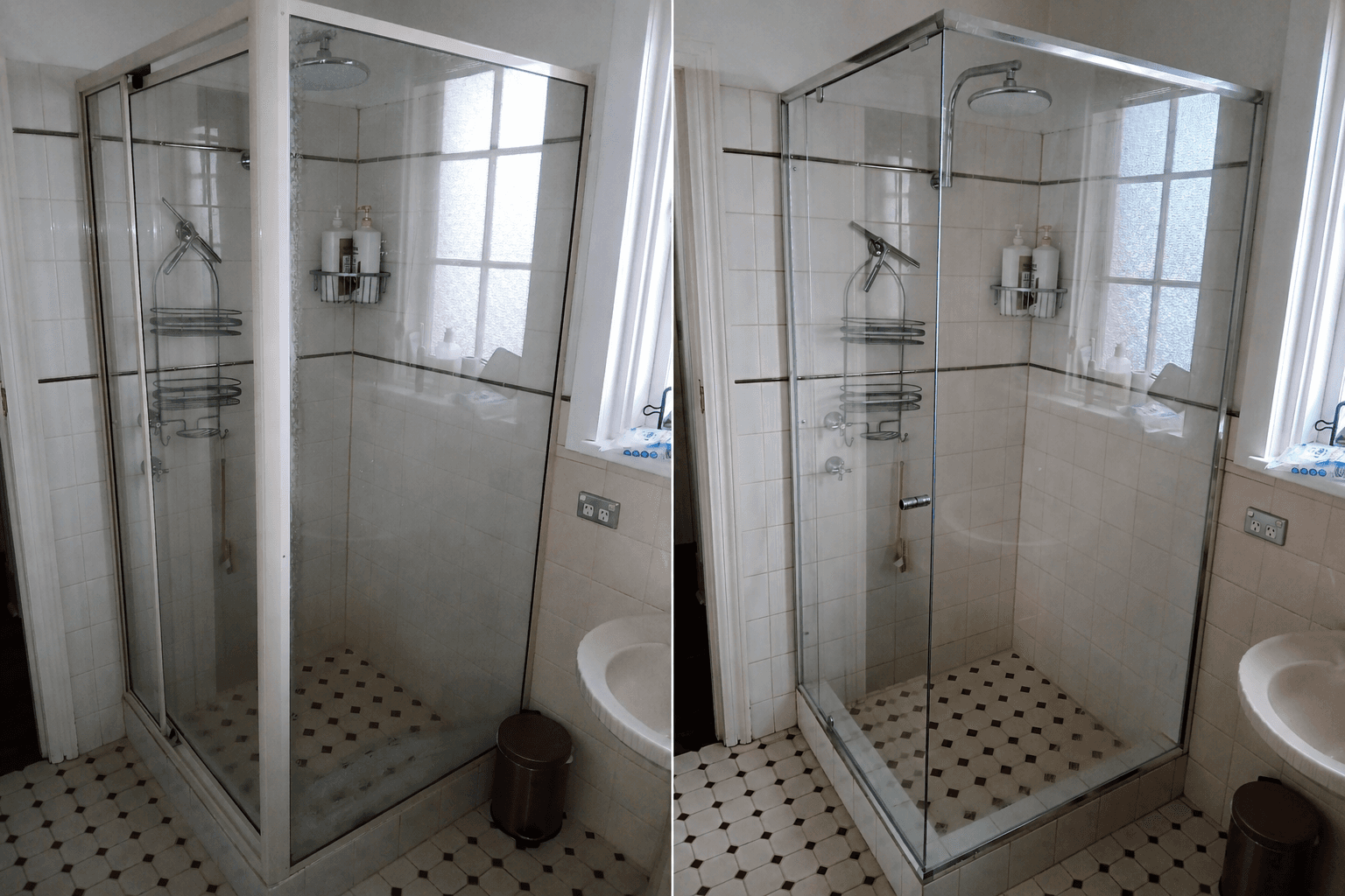 Side-by-side comparison of a cloudy glass shower door before and after a thorough cleaning.