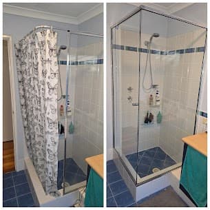 Before and after photos showing a butterfly shower curtain replaced with a sleek glass enclosure.
