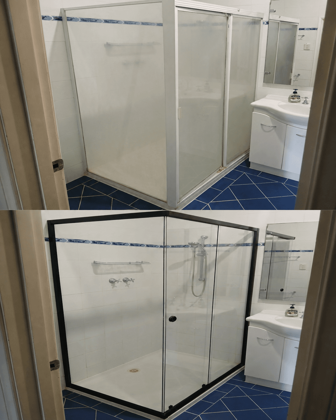 Before and after comparison of a shower renovation from frosted to clear black-framed glass.